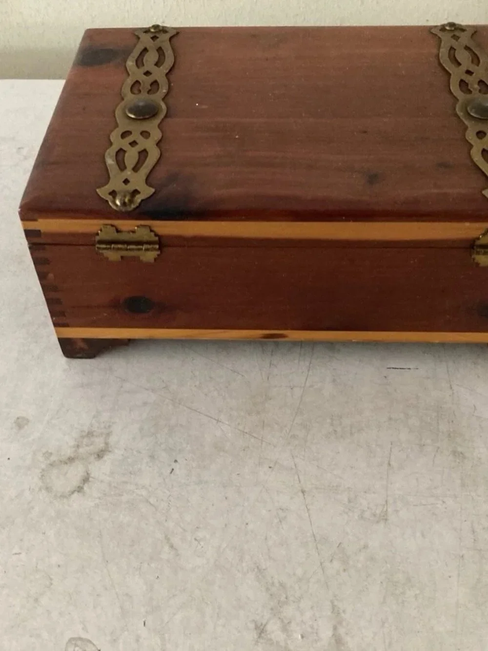 Share Vintage 1940s Cedar Wood Metal Banded Trinket Box